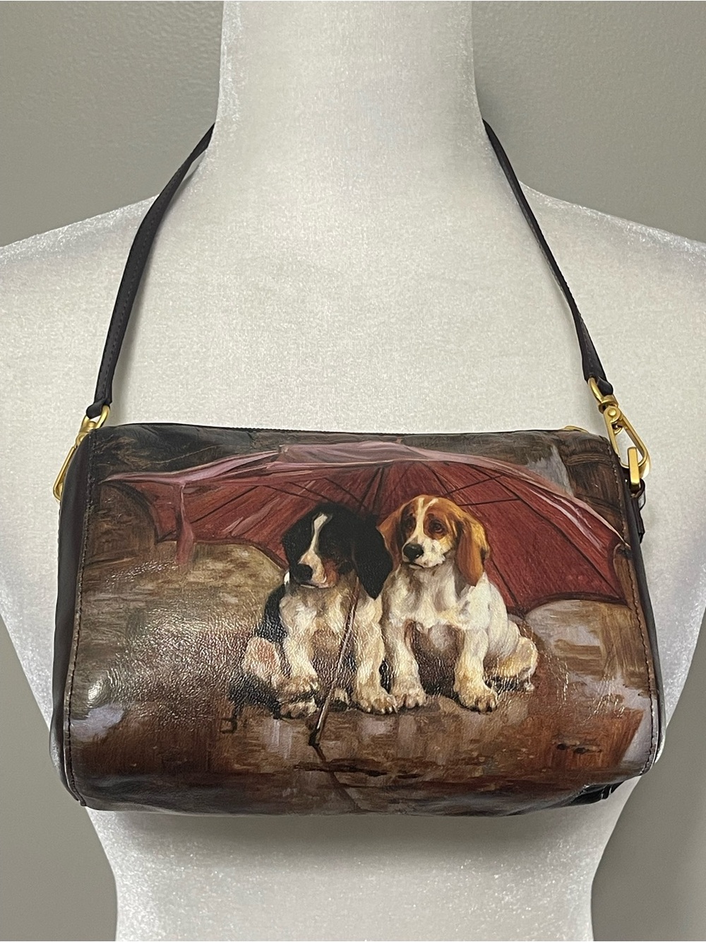ICON Los Angeles Leather Hand Bag"Umbrella Dogs" Basset Puppy Painted Art Purse